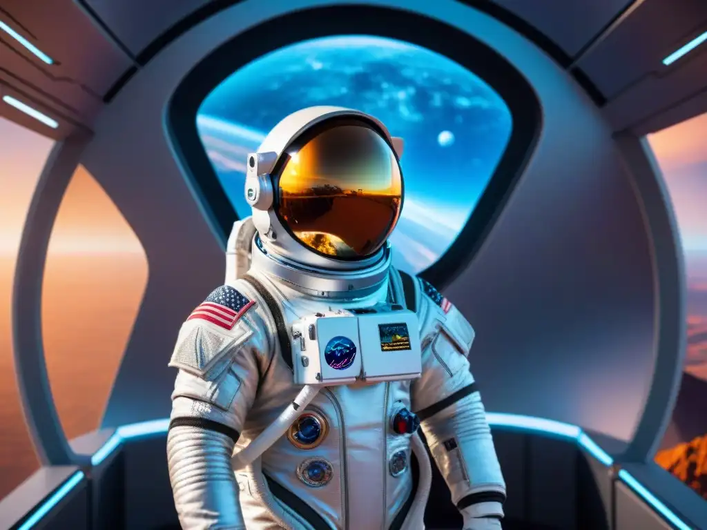 Traje espacial plateado de alta tecnología en nave futurista Un traje espacial plateado de diseño futurista para exploración espacial, con tecnología avanzada y ambiente espacial