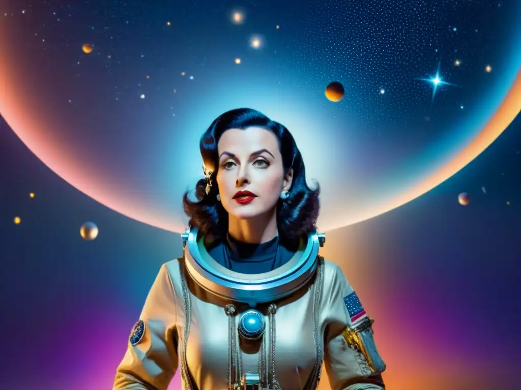 Hedy Lamarr, inventora tecnología WiFi, en traje espacial rodeada de tecnología y cosmos