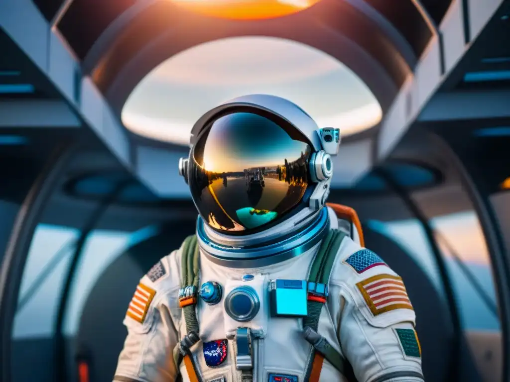 Traje espacial de vanguardia: diseño futurista en el espacio Traje espacial de vanguardia en estación espacial, destaca la fusión de exploración espacial, impacto tecnológico y diseño moderno