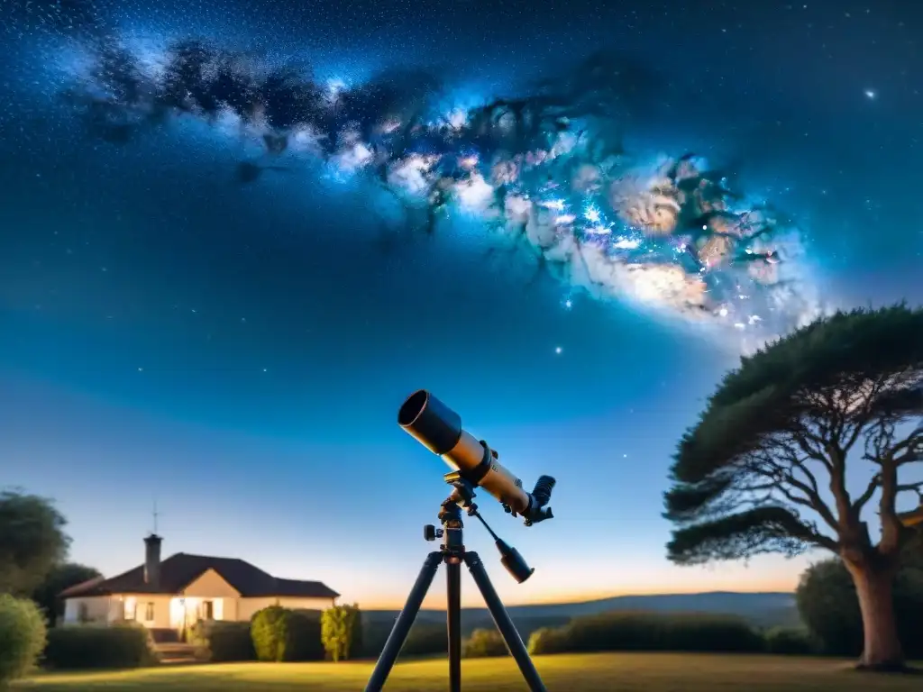 Un tranquilo patio nocturno con un telescopio de alta calidad apuntando a un brillante grupo de estrellas