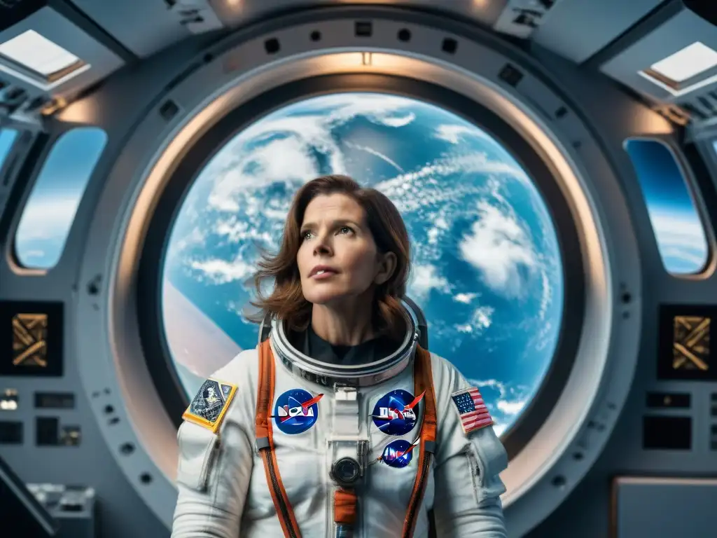 Anna Lee Fisher, astronauta madre, flota con determinación en el transbordador espacial, con la Tierra de fondo