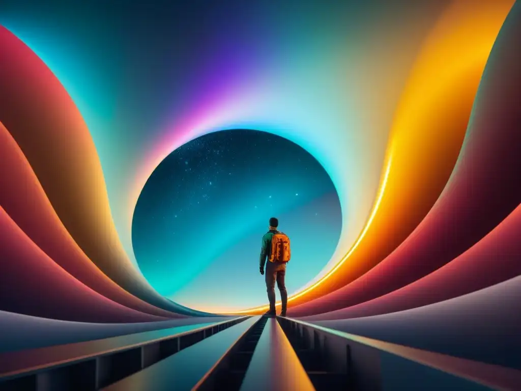 Un túnel espacio-temporal futurista con colores cósmicos y efectos de lente gravitacional, ilustrando la teoría relatividad general explicada