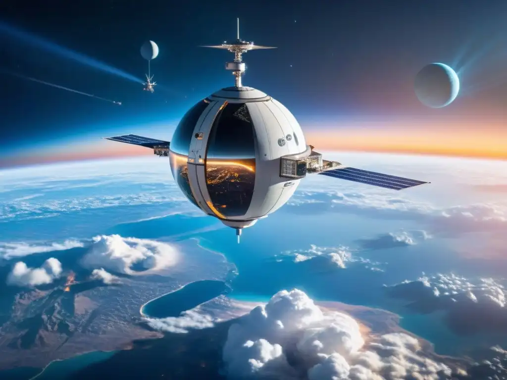 Turismo espacial: estación comercial futurista orbitando la Tierra, con astronautas, turistas y naves espaciales en un entorno de gravedad cero