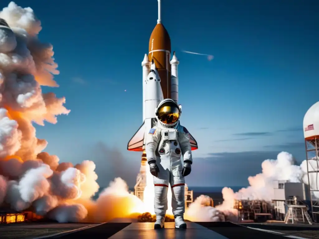 Turista espacial admirando cohete en plataforma de lanzamiento, con la Tierra de fondo