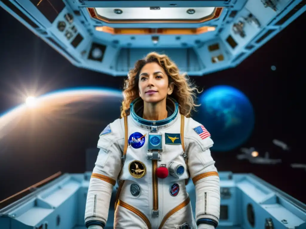 Anousheh Ansari turista espacial femenina flotando en la Estación Espacial Internacional, maravillada por la Tierra desde el espacio