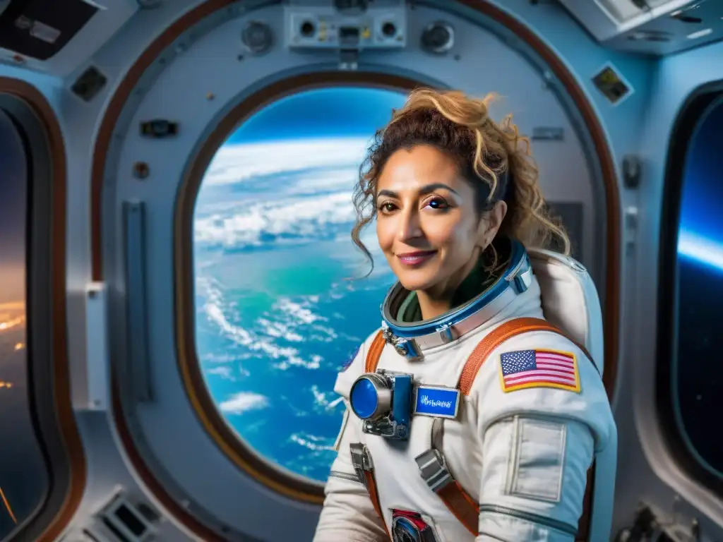 Anousheh Ansari turista espacial femenina flotando en la Estación Espacial Internacional, maravillada por la belleza de la Tierra desde el espacio