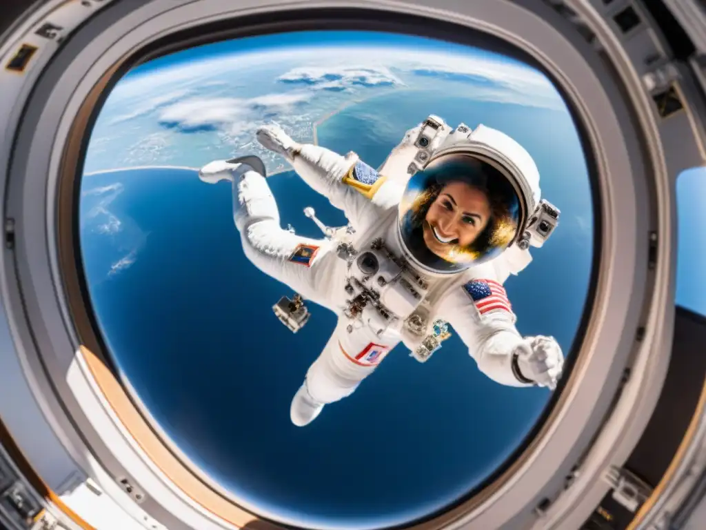 Anousheh Ansari turista espacial femenina flotando en la Estación Espacial Internacional, maravillada por la vista de la Tierra desde la ventana