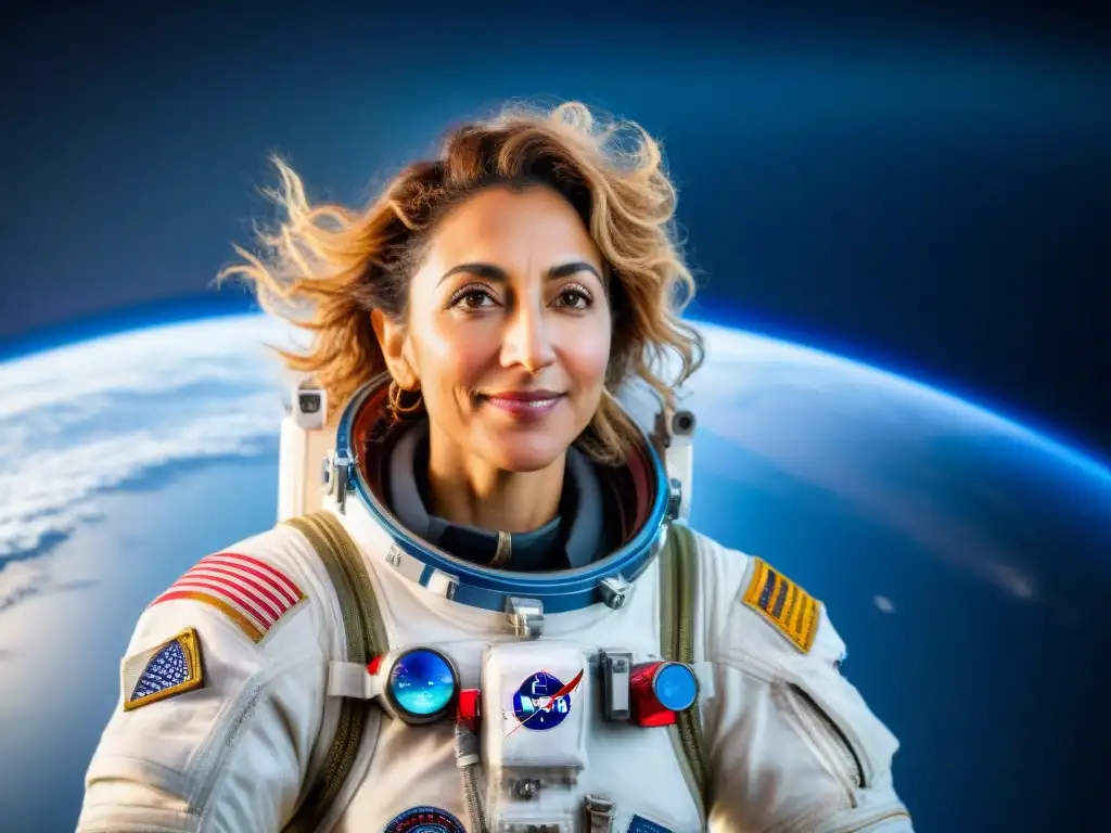 Turista espacial femenina Anousheh Ansari flota con gracia en la Estación Espacial Internacional, iluminada por la Tierra