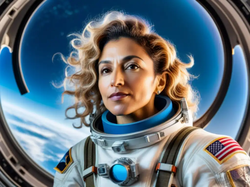 Anousheh Ansari turista espacial femenina flota en la Estación Espacial Internacional, observando la Tierra desde el espacio con serenidad