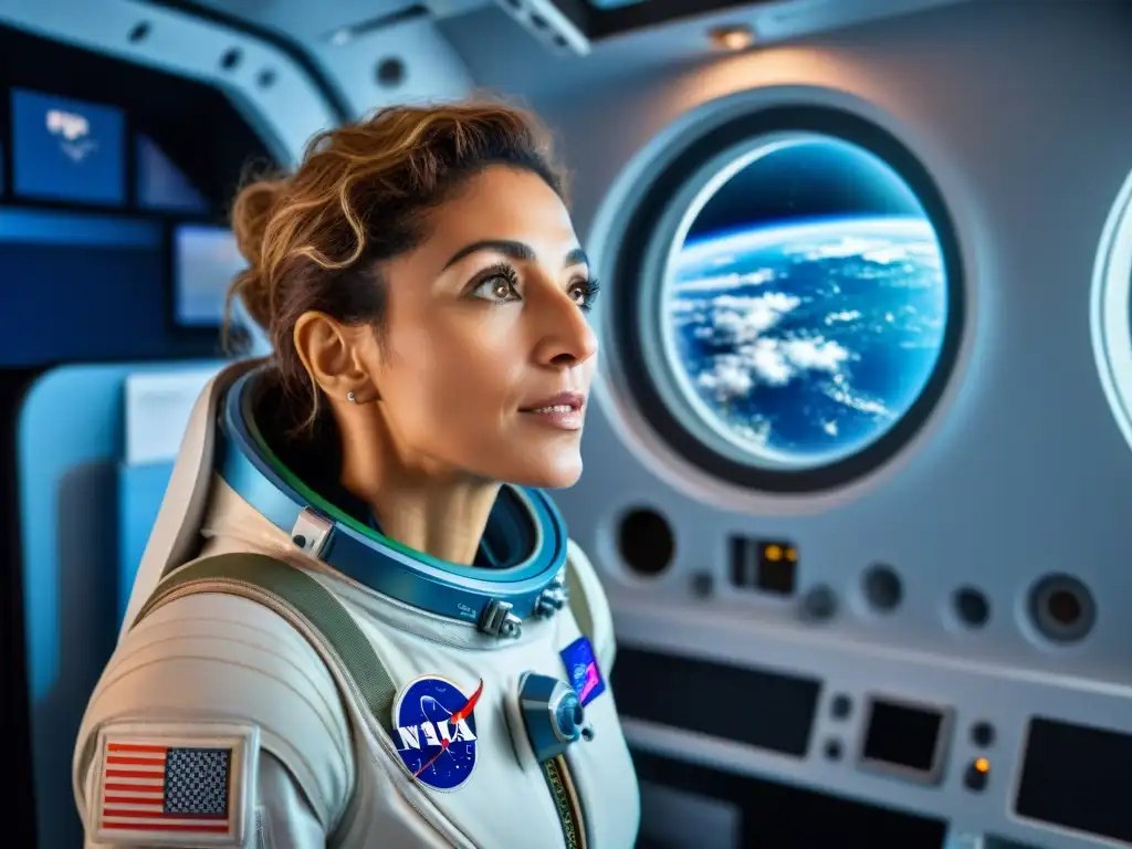 La turista espacial femenina Anousheh Ansari flota asombrada en la nave espacial, admirando el universo estrellado