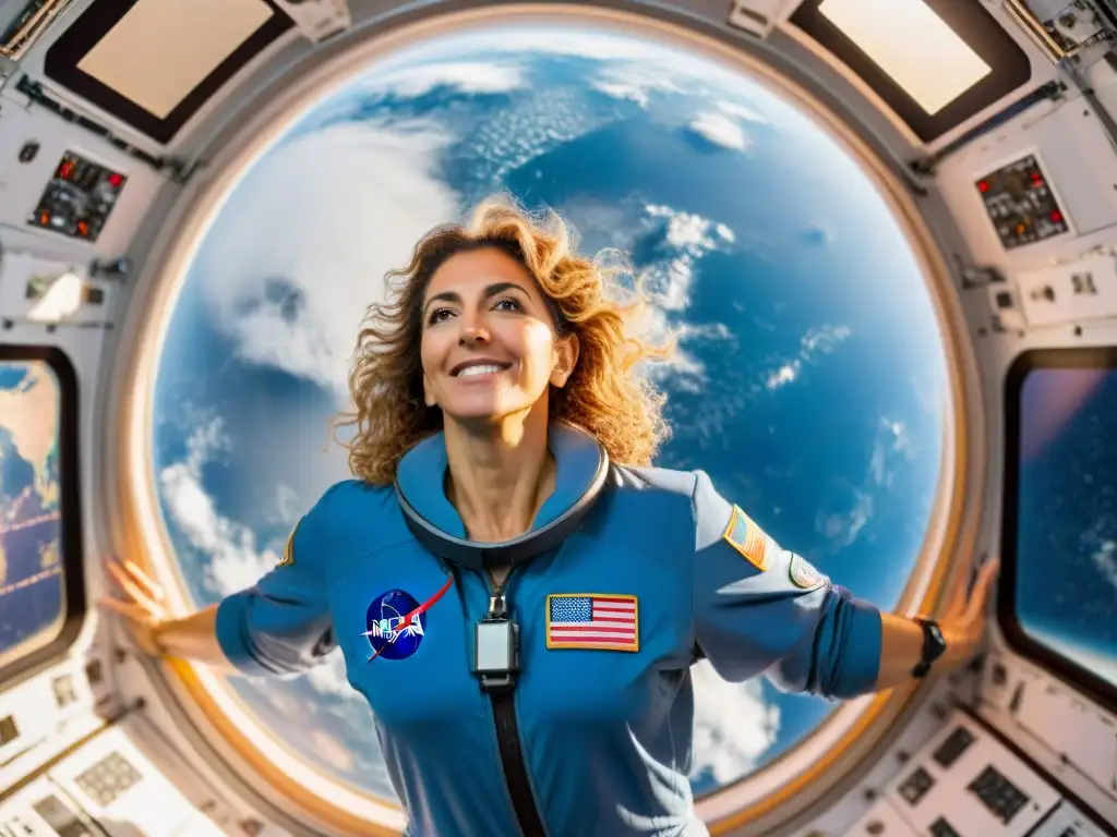 Turista espacial femenina Anousheh Ansari flotando con gracia en gravedad cero, asombrada por la Tierra desde la Estación Espacial Internacional