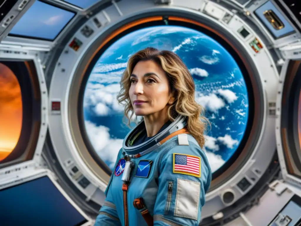 Turista espacial femenina Anousheh Ansari maravillada observando la Tierra desde la Estación Espacial Internacional