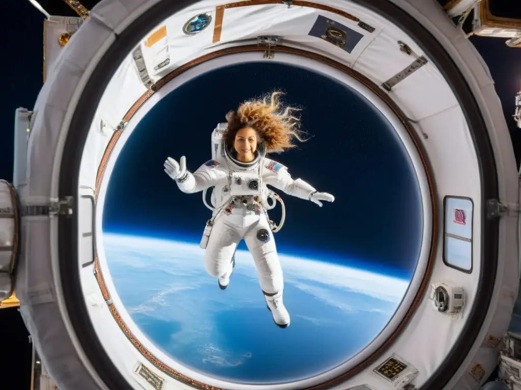 Turista espacial femenina Anousheh Ansari flotando en la microgravedad, realizando experimentos en la Estación Espacial Internacional con la Tierra de fondo