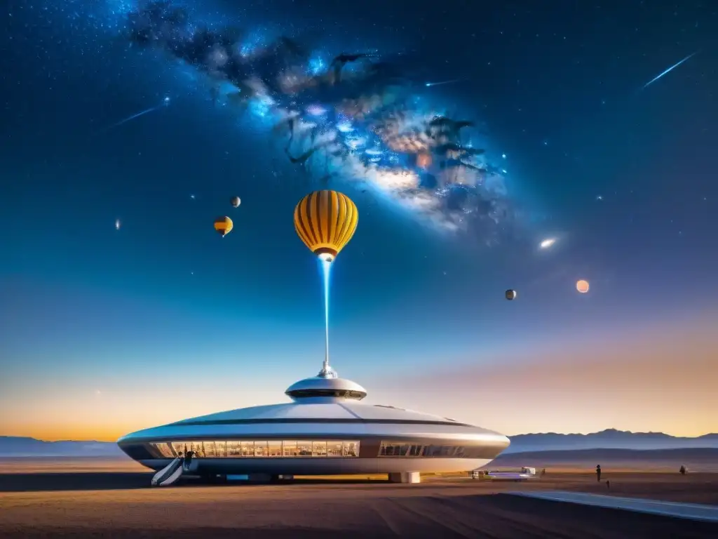 Turista espacial en hotel futurista captura asombrosa lluvia de meteoritos Un turista espacial flota frente a un hotel futurista en el espacio, capturando una lluvia de meteoros