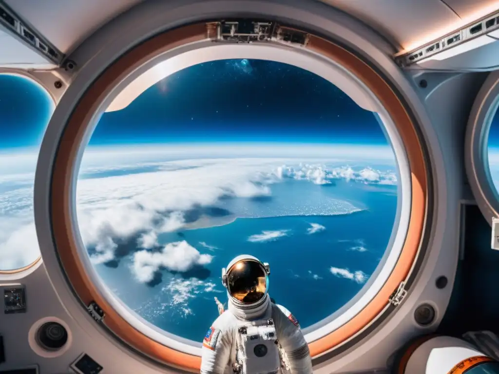 Turista espacial maravillado contempla la Tierra desde la nave, mostrando la perspectiva del planeta en el turismo espacial