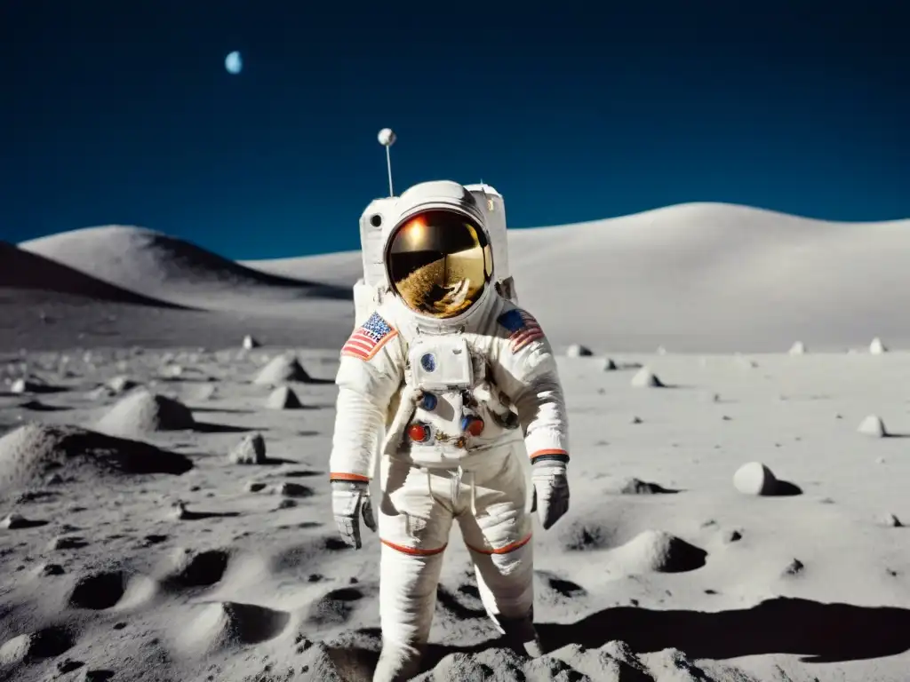 Explorador del espacio: Gene Cernan en la Luna Gene Cernan, último hombre en la Luna, refleja asombro y determinación en su traje espacial, con la Tierra de fondo