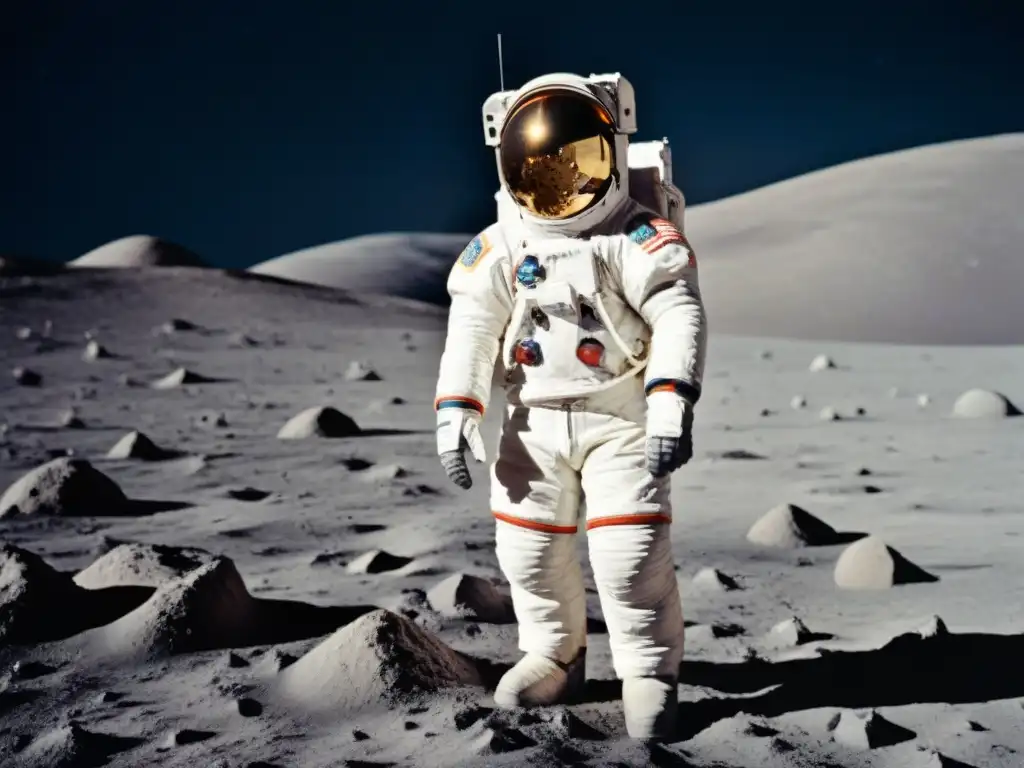 Explorador lunar: Gene Cernan en la Luna Gene Cernan último hombre en la Luna, detalle ultra en traje espacial blanco sobre la superficie lunar, tocando una roca con la Tierra de fondo
