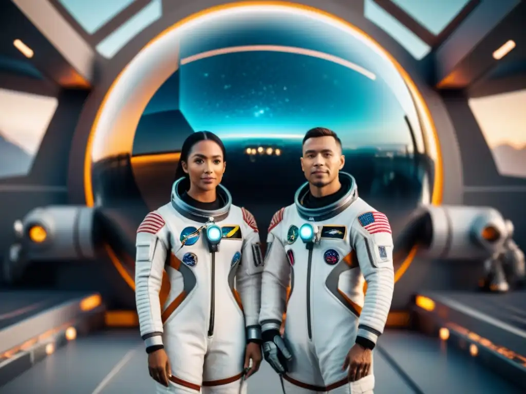 Unidos en aspiraciones futuros astronautas exploración espacio, diversos astronautas frente a nave espacial futurista, listos para explorar el cosmos