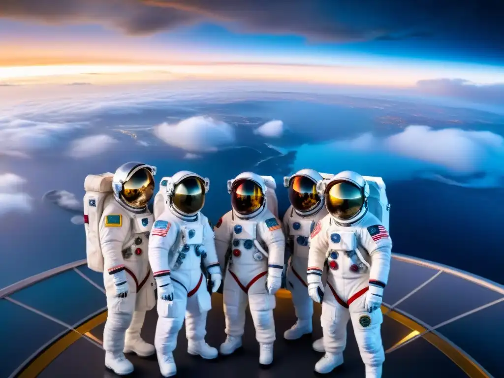 Astronautas unidos frente a nave espacial: exploración global Unidos en la exploración espacial: astronautas de diferentes países frente a una nave espacial, simbolizando la colaboración internacional