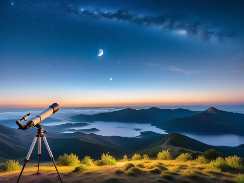 Observar el universo desde casa: Noche estrellada, luna brillante, telescopio apuntando al cielo, paisaje sereno