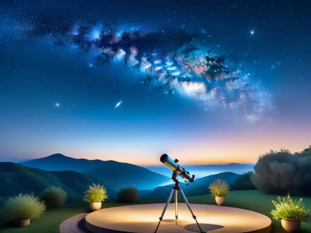 Contemplando el universo desde casa: un patio trasero nocturno con un telescopio de alta tecnología apuntando a las estrellas