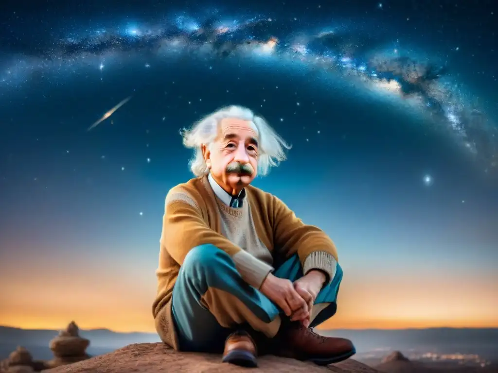 Albert Einstein explorando el universo bajo un cielo estrellado, conectando con los misterios del cosmos