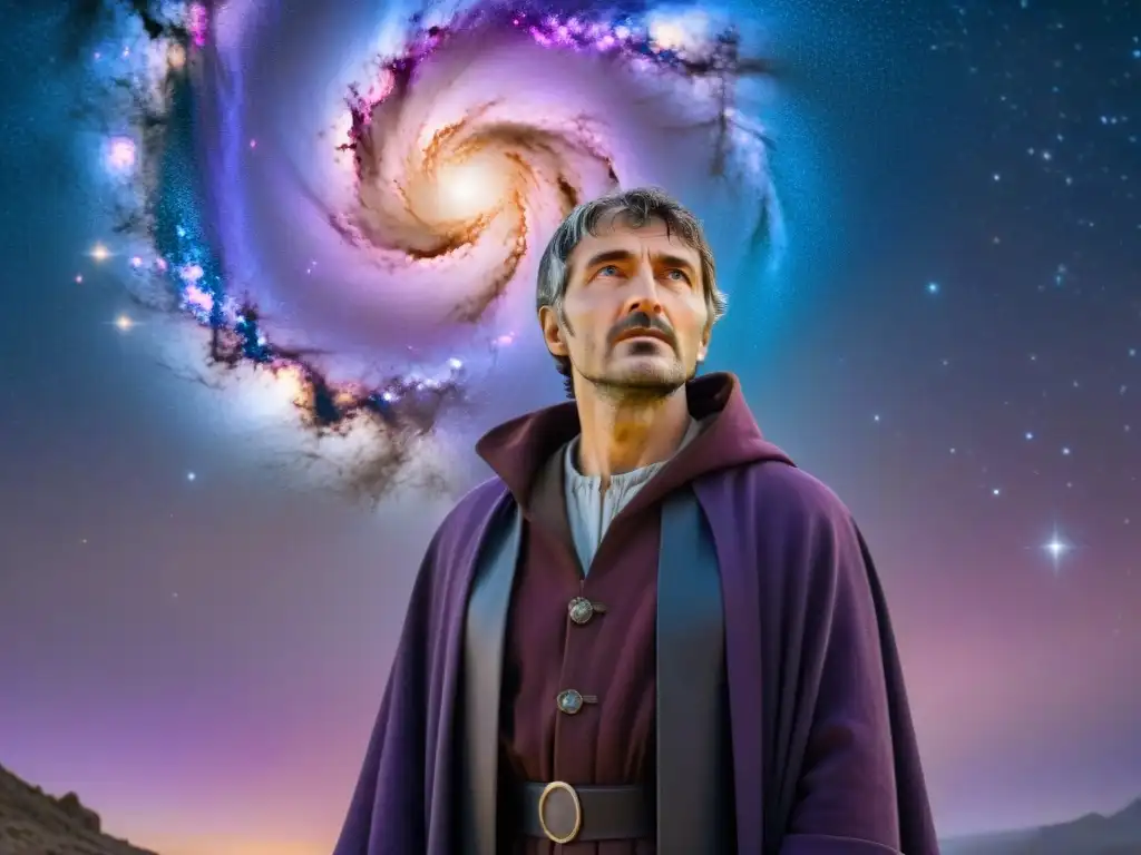 Visión del universo infinito: Giordano Bruno desafiante frente a una galaxia abrumadora, su mirada llena de determinación y asombro