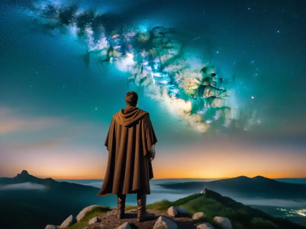 Visión del universo infinito de Giordano Bruno contemplando las estrellas en la noche estrellada