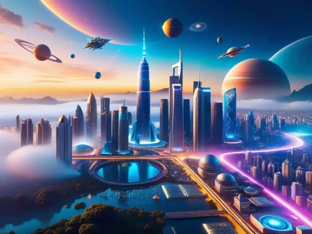 Universo paralelo: ciudad futurista con rascacielos metálicos y criaturas alienígenas