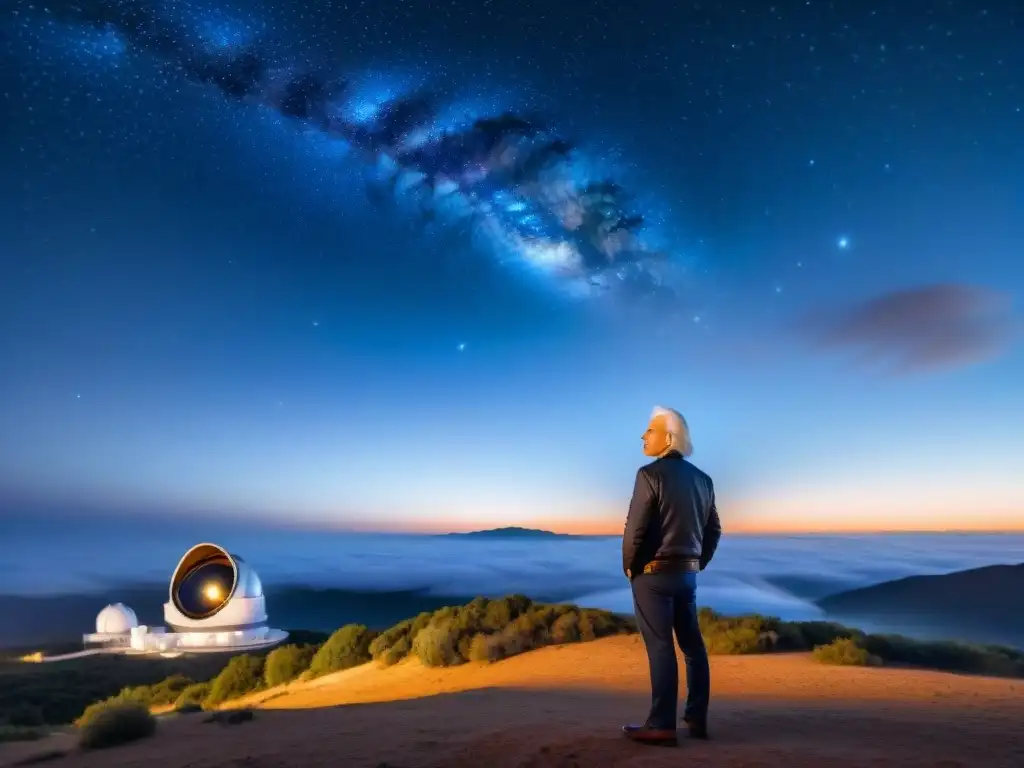 Michio Kaku contempla el universo desde un telescopio gigante, reflejando su pasión por el espacio y las predicciones futuras de la humanidad