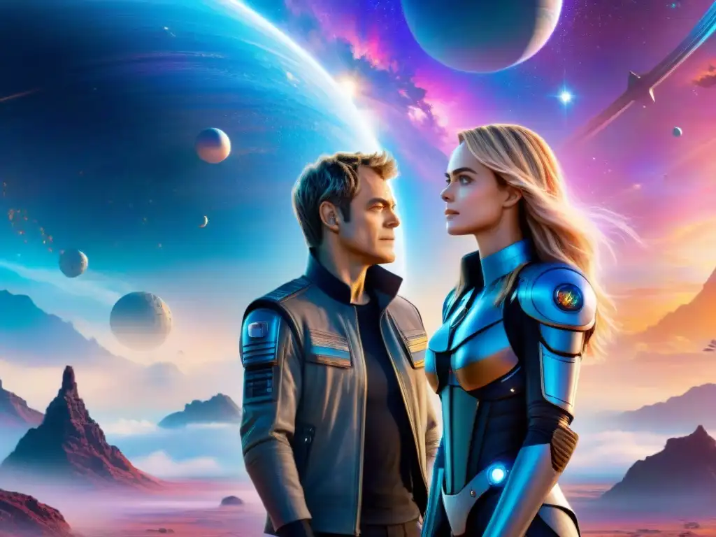 Valerian y Laureline exploran el universo en Valerian, frente a una galaxia vibrante