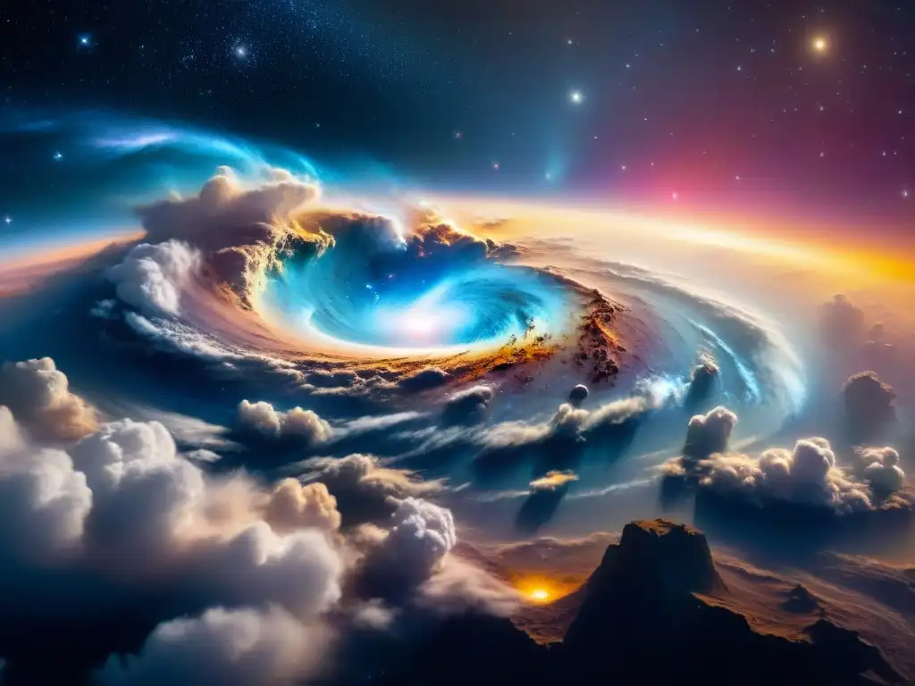 Un universo vasto y brillante visto desde la ventana de una nave espacial, con nebulosas coloridas y estrellas distantes