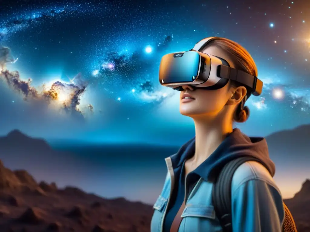 Un usuario maravillado explorando el universo a través de las gafas de realidad virtual