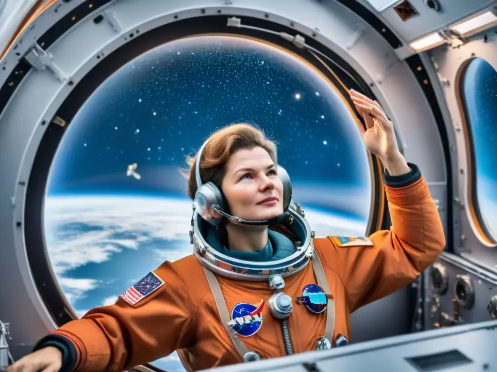 Valentina Tereshkova flota con determinación y asombro en la nave espacial Vostok 6, rodeada de estrellas y la Tierra