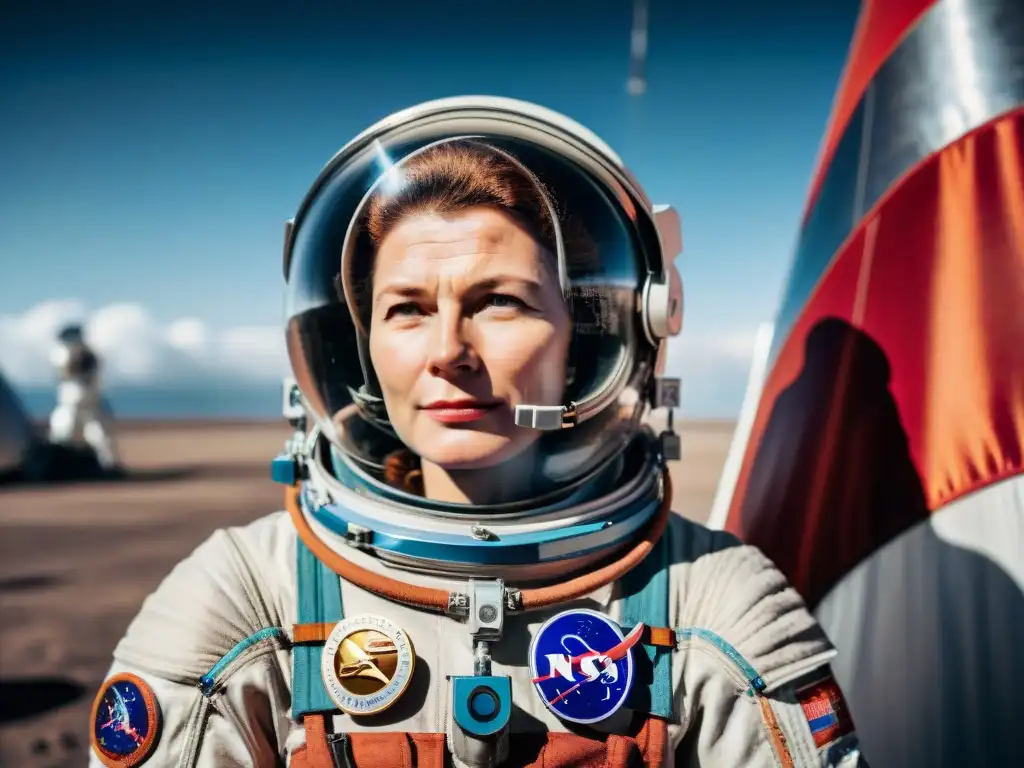 Valentina Tereshkova historia espacial: Valentina frente a la nave Vostok 6, mirando al espacio con determinación y asombro