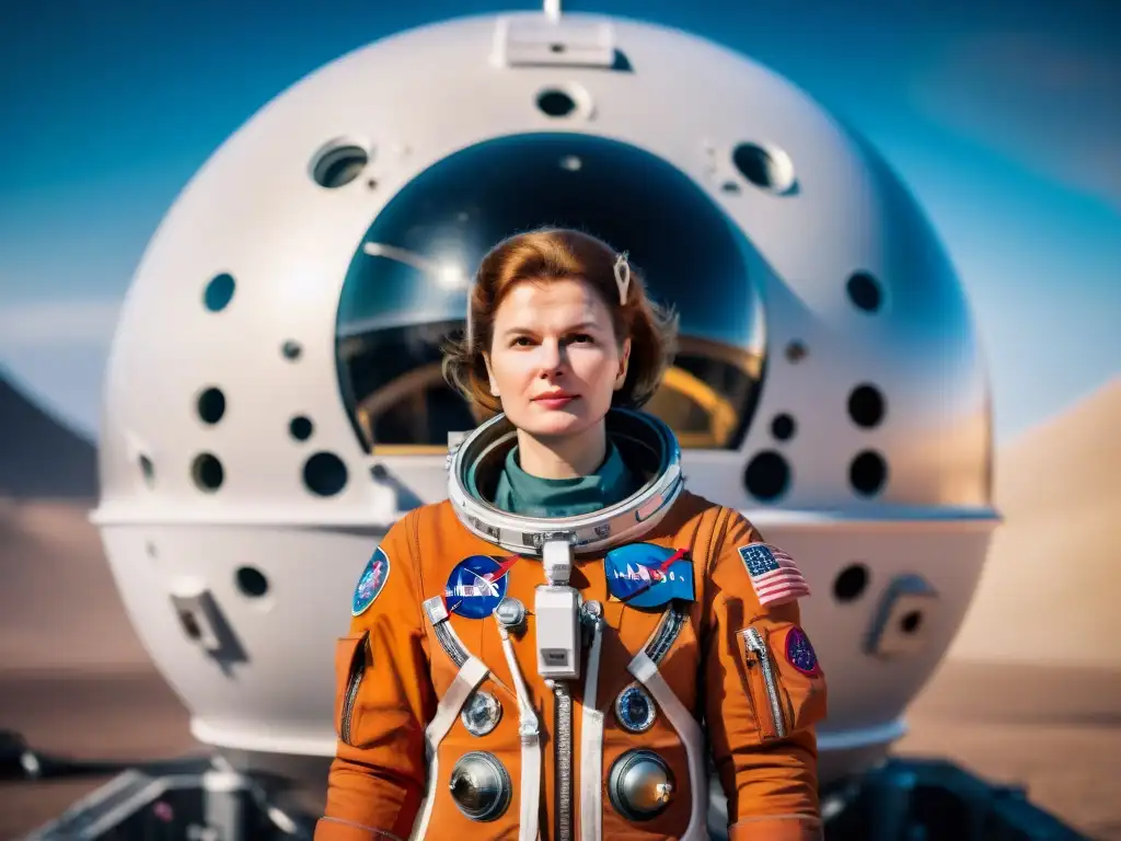 Valentina Tereshkova junto a la nave espacial, preparándose para la histórica misión de exploración de Venus