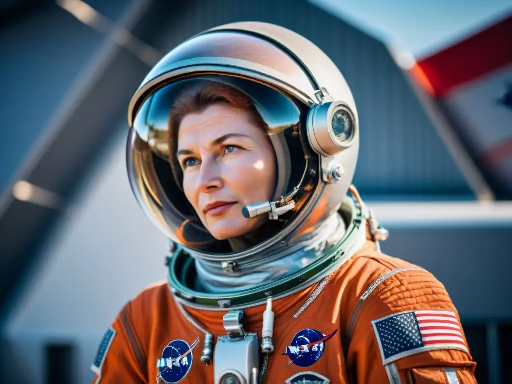 Valentina Tereshkova, mujer astronauta, admirando la Tierra desde el espacio en su traje espacial naranja junto a la nave Vostok 6