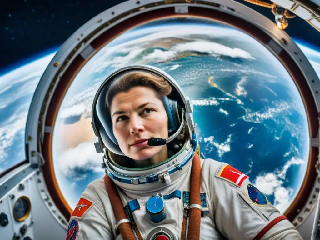 Valentina Tereshkova flota en la nave espacial Vostok 6, admirando la Tierra desde el espacio