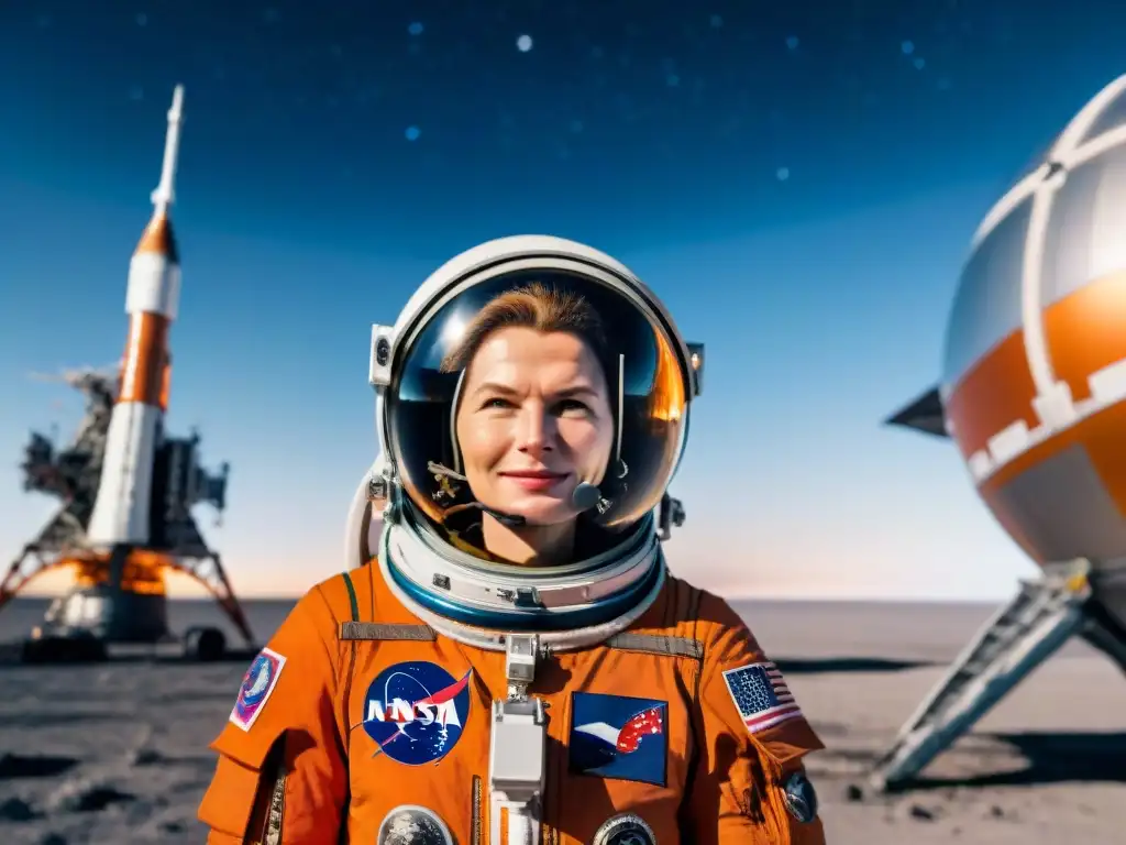 Valentina Tereshkova, primera mujer en el cosmos, lista para su histórico viaje espacial frente a la nave Vostok 6