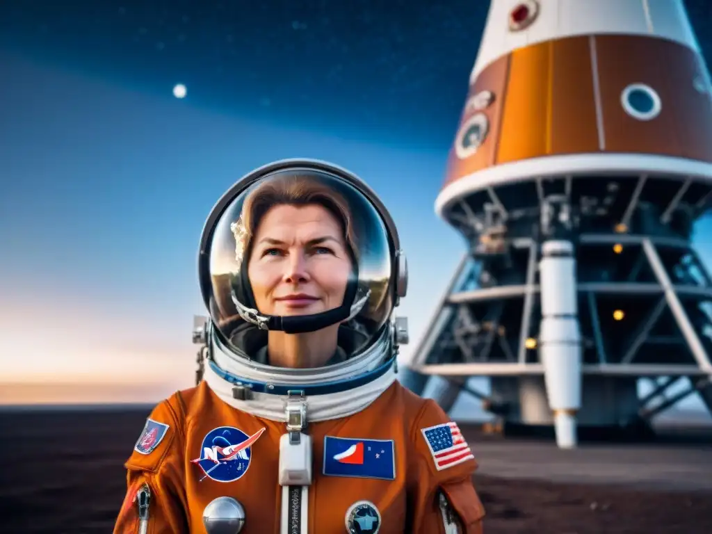 Valentina Tereshkova, primera mujer en el espacio, frente a Vostok 6, lista para su histórico viaje, bajo un cielo estrellado