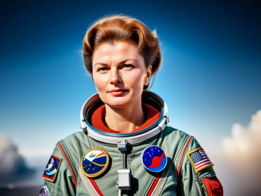 Valentina Tereshkova, la primera mujer en el espacio, con traje espacial y la Tierra de fondo