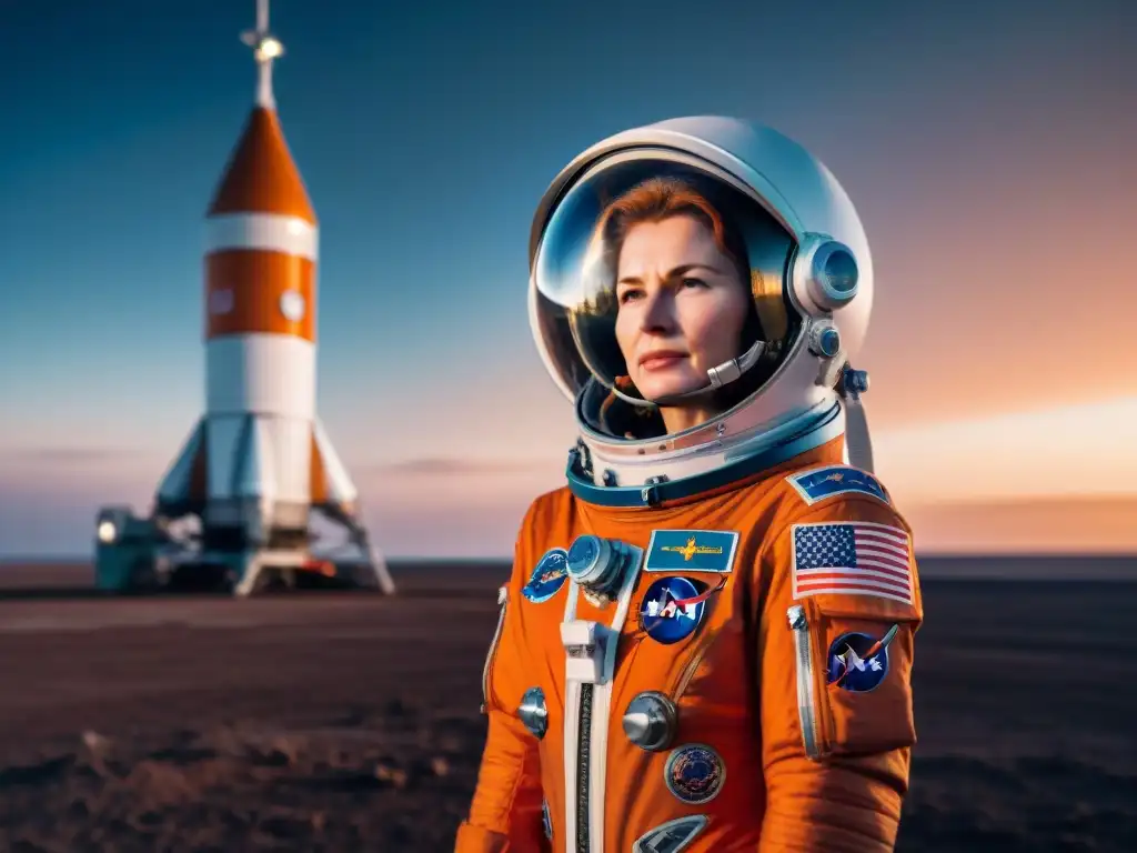 Valentina Tereshkova, primera mujer en el espacio, frente a la nave Vostok 6 en el lanzamiento, vista al espacio