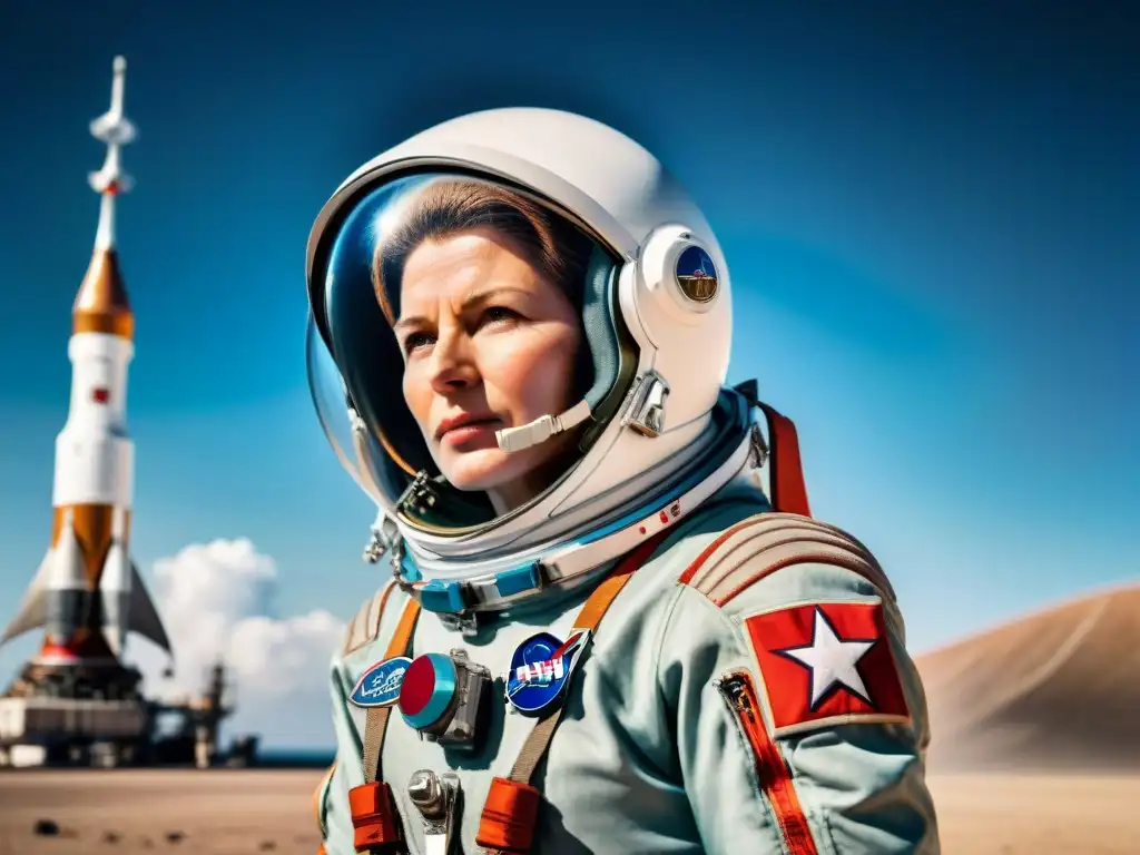 Valentina Tereshkova, la primera mujer en el espacio, lista para su histórico viaje a bordo de la Vostok 6, con la Tierra de fondo