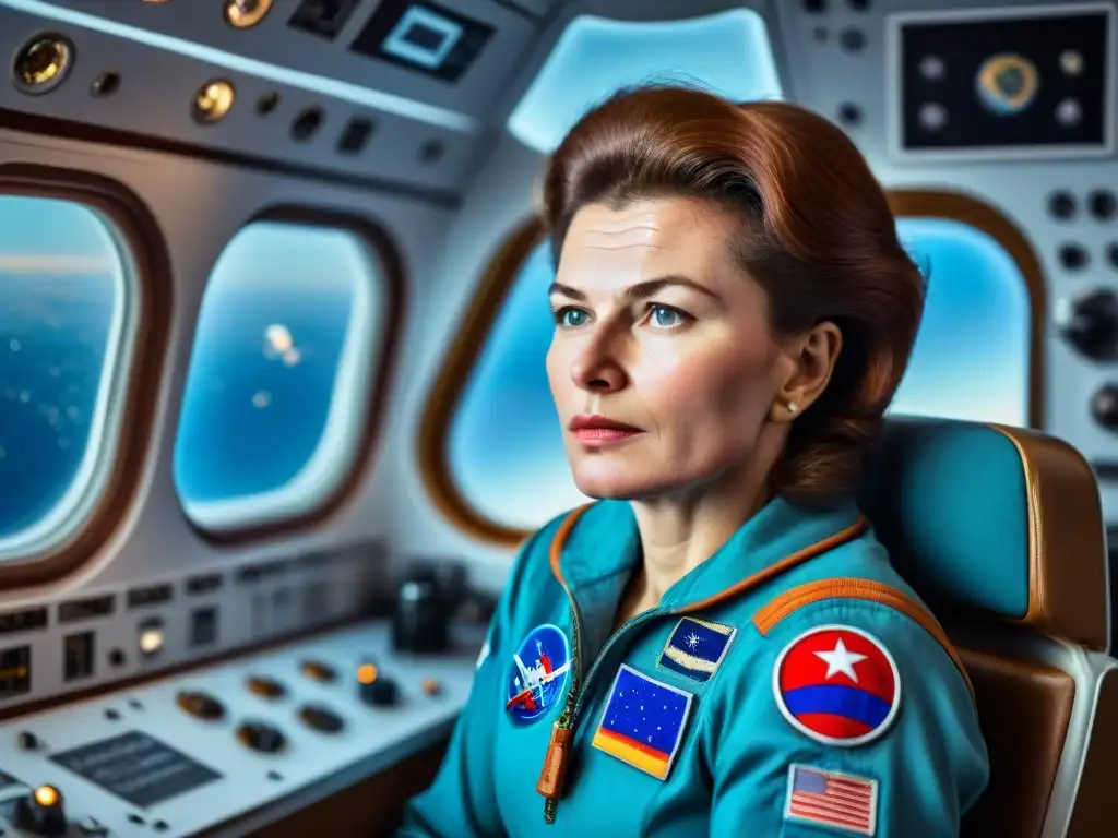 Valentina Tereshkova, mujer astronauta, flota con gracia en el espacio, admirando la Tierra desde su nave espacial