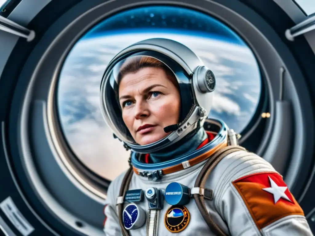 Valentina Tereshkova en traje espacial, mirando determinada hacia las estrellas con la Tierra de fondo