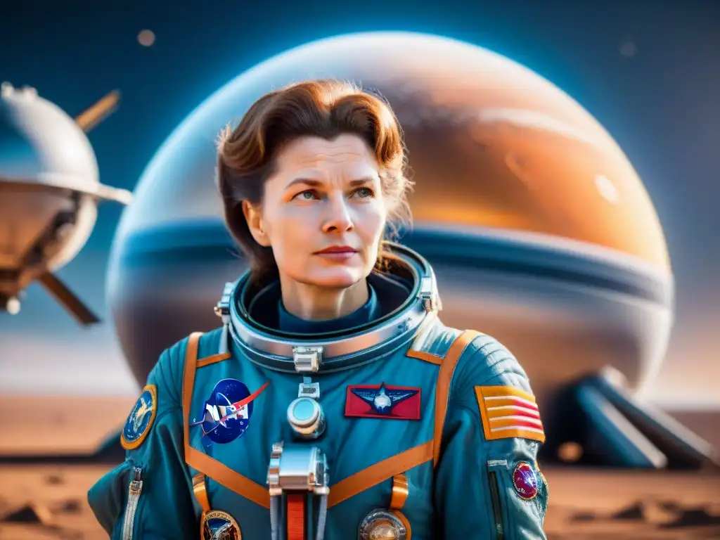 Valentina Tereshkova en su traje espacial, frente a una nave espacial con Venus de fondo