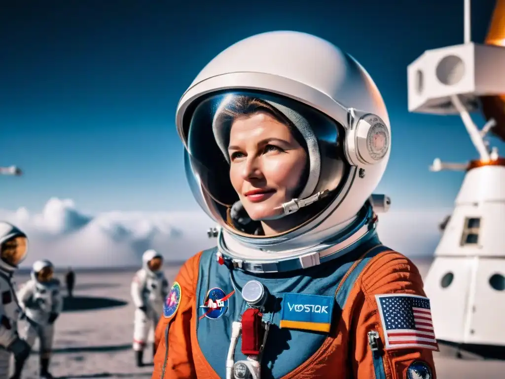 Valentina Tereshkova en su traje espacial frente a la nave Vostok 6, con la Tierra de fondo