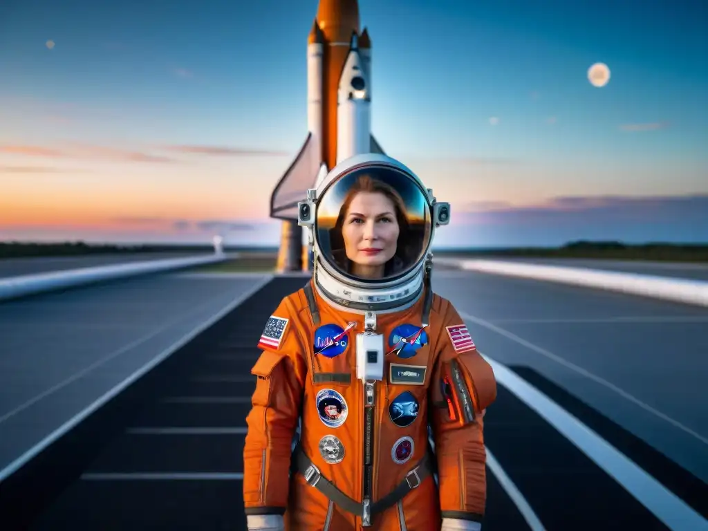 Valentina Tereshkova en su traje espacial al lado de un cohete en la plataforma de lanzamiento, reflejando el atardecer