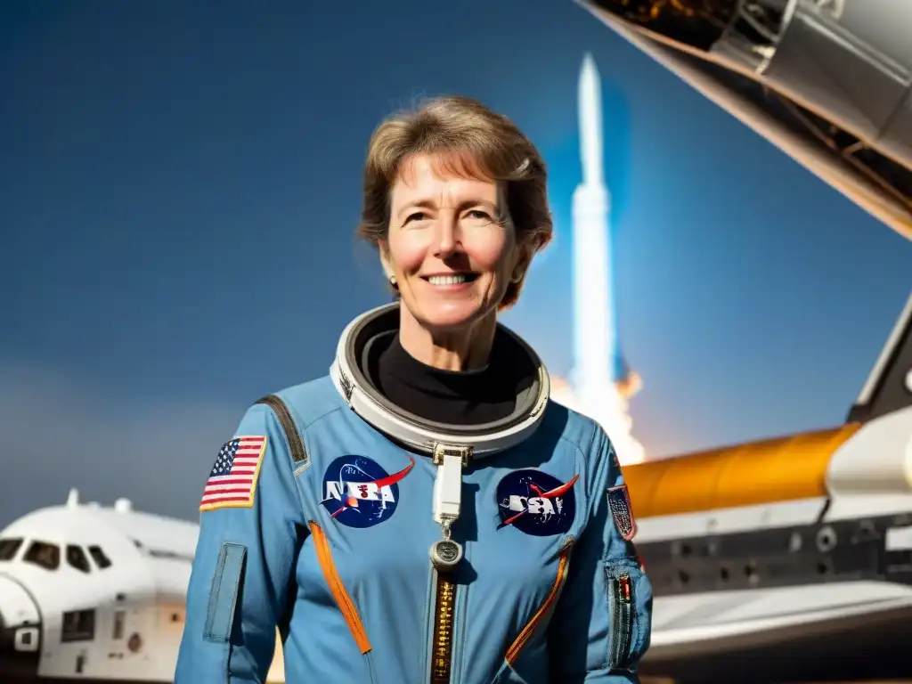 La valiente Eileen Collins, piloto transbordador espacial, frente al Discovery, mirando al horizonte, en una misión histórica STS63