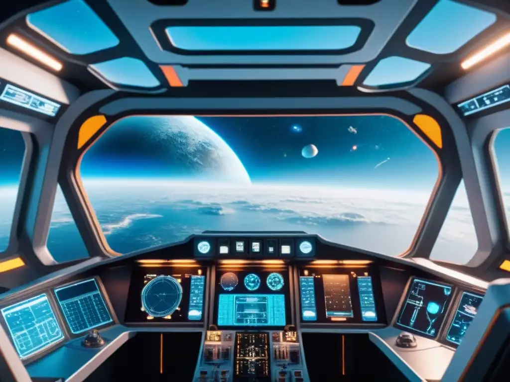 Equipo diverso en nave espacial futurista: inmersión total En la vastedad del espacio, astronautas concentrados en una nave futurista enfrentan peligros